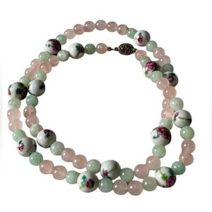 Beaded Rose Quartz and Green Jade Necklace with Floral Porcelain Accents